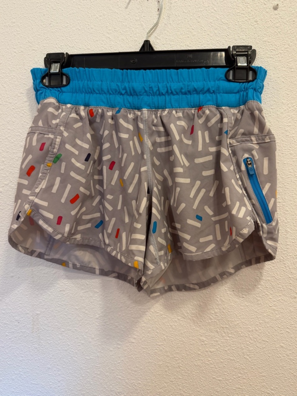 Gray Athletic Shorts with Bright Blue Waistband and Colorful Sprinkle Print